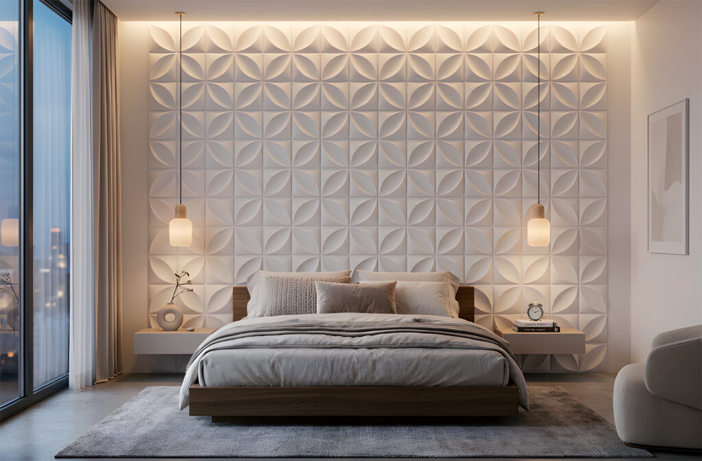 Placa de gesso 3D modelo Floral instalada em quarto de dormir – decoração elegante com jogo de luz e sombra