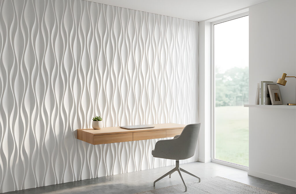 Placa de gesso 3D modelo Duna instalada em parede de escritório – ondas suaves com elegante jogo de luz e sombra