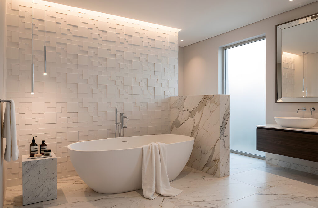 Placa de gesso 3D modelo Mosaico Natural instalada em banheiro – textura rústica de pedra com alto relevo