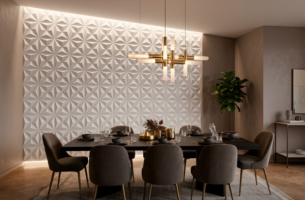 Placa de gesso 3D modelo Diamantado instalada em sala de jantar – padrão geométrico luxuoso com forte jogo de luz e sombra